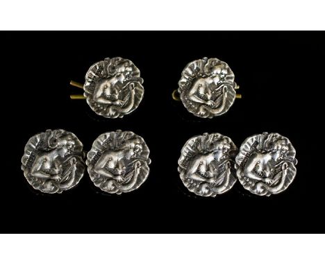 Silver Art Nouveau Mens Dress Set By Joseph Gloster Birmingham Comprising Cufflinks and pair of collar studs/buttons. Each ha