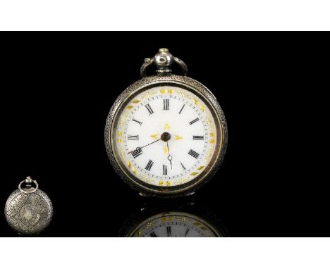 Ladies Swiss Good Quality HIgh Grade Open Faced Fob Watch, With Porcelain / Enamel Dial. Embossed Ornate Case, Marked 925 Sil