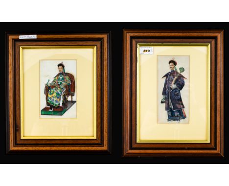 A Pair Of Oriental Painted Antique Silk Panels The first depicting an emperor seated on throne, the second depicting a schola