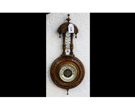 Edwardian Period Well Carved Walnut Banjo Barometer and Thermometer, The Well Shaped Pediment with Enamel Dial Below. 17 Inch
