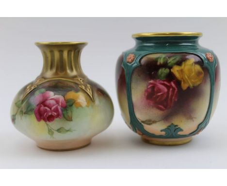 A Royal Worcester porcelain vase of squat form, moulded neck, the body painted with roses factory backstamp H306, 7cm high, t