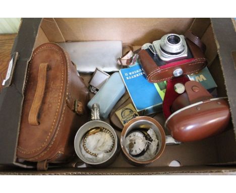 A camera with accessories, together with cased binoculars 1943 &amp; two tankards together with two pocket watches, one silve