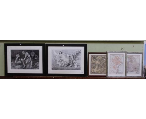Two black &amp; white Shakespearian limited edition prints by Anthony John, together with three maps