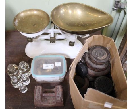 A Victorian style set of white kitchen scales together with weights, various