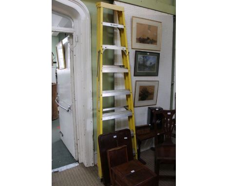 A fibreglass folding single ladder