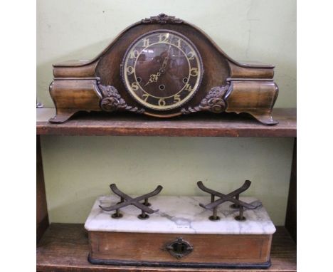 A large floral carved wooden cased chiming mantel clock, together with a Victorian, marble topped box based set of scales (mi