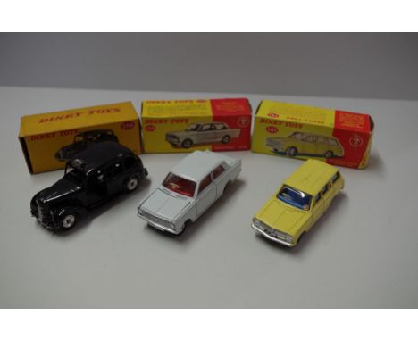 Three Dinky Toys, comprising: Vauxhall Viva, No.136; Vauxhall Victor Estate, No.141; Austin Taxi, No.254, all boxed. (3) 