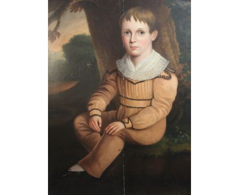 Early 19th century English Schooloil on wooden panelFull length portrait of a boy seated in woodland31 x 24in.