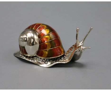 A modern silver and enamel model of a snail, length 93mm.