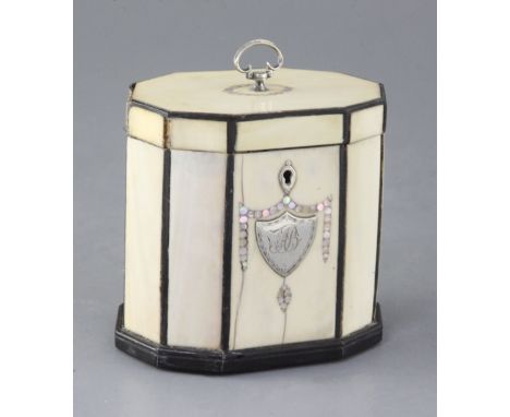 A Regency ten sided inlaid ivory tea caddy, with silver and mother of pearl inset decoration, height 4.25in.