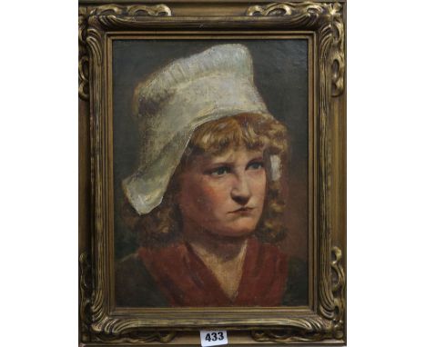 English School c.1900, oil on canvas, portrait of a milk maid, 31 x 23cm