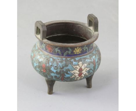 A Chinese cloisonne enamel miniature tripod censer, ding, 19th century, decorated with lotus flowers and scrolling foliage on
