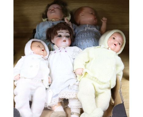 A Simon & Halbig bisque head doll and four other dolls, the S & H doll with sleeping eyes, open mouth and jointed composition