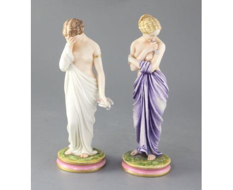 A pair of Royal Worcester Kerr & Binns figures of 'Sorrow' and 'Joy', lilac and white colourways, 25cm and 24cm