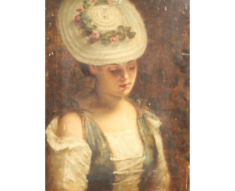 19th century English Schooloil on canvasPortrait of a pensive young woman with rose decorated bonnet14 x 10.5in.