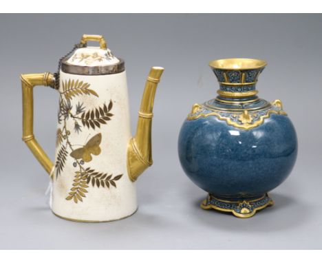 A Royal Worcester powder blue ground vase and a Royal Worcester Japonaise gilt decorated pot and cover