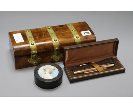 A brass bound box, snuff box and pen
