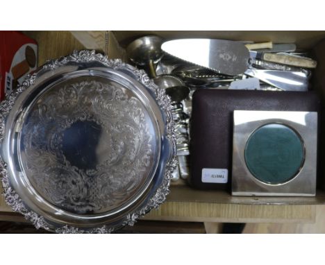 A part service of Kings pattern plated flatware, mother of pearl mounted fruit eaters and pickle forks, sundry plate, etc. in