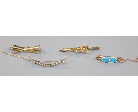 Four yellow metal and gem set bar brooches, including diamond and enamel.