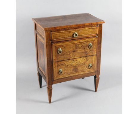 A late 18th century North Italian walnut and pictorial marquetry petit commode, decorated with a farmer and animals in a land