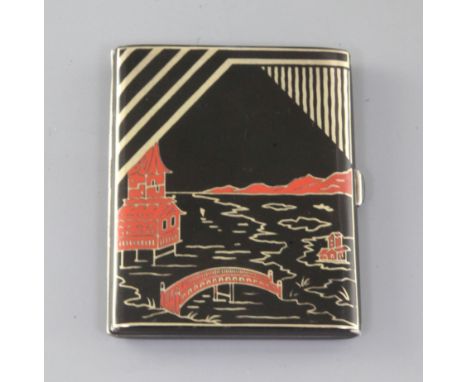 A French Art Deco silver and two colour enamel cigarette case, decorated with riverscape scene, 82mm.