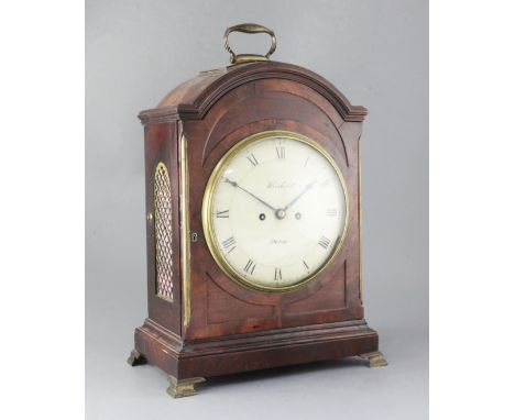 An early 19th century single pad top mahogany table clock, with pull quarter repeat, the 7.75 inch painted dial with Roman nu