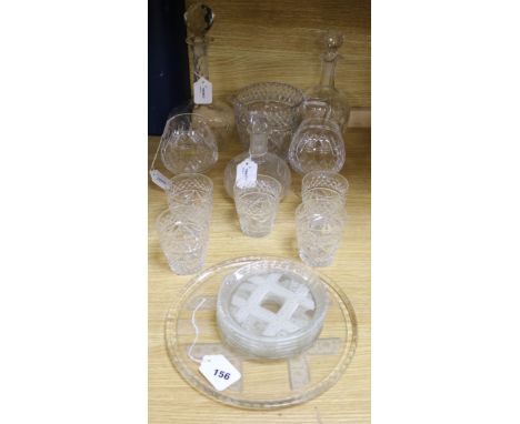 A quantity of Waterford and other table glass, including a part cut glass whisky set (jug and five tumblers), two brandy ball