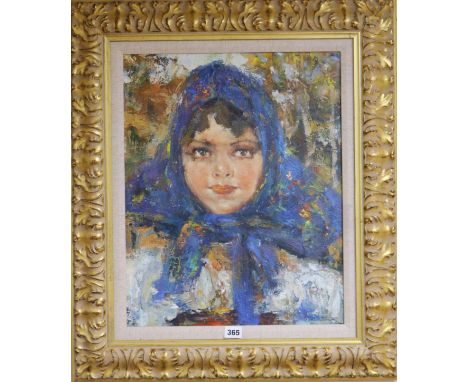 Modern Russian School, portrait of a young girl wearing a headscarf, signed 'Igor Golanin' (or 'Galanin') verso and dated 200