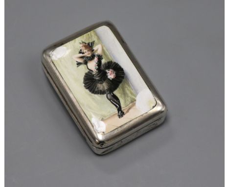 A late Victorian silver and enamel vesta case, decorated with a dancing lady, George Heath, London, 1890 (a.f.), 57mm.