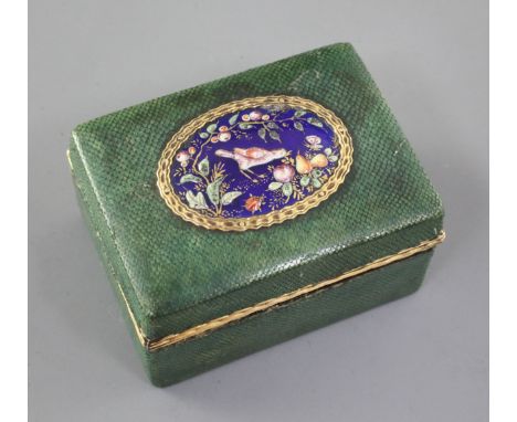 A late 18th century Continental shagreen snuff box the lid inset with an enamel plaque depicting a bird and fruit 2.25in.