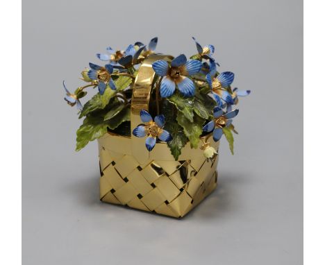 A modern Cartier? silver gilt and enamel basket of flowers table ornament, signed Schrote?, with Cartier box, height 85mm.