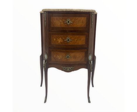 Early 20th century French walnut and kingwood commode, the shaped and moulded marble top over three drawers with marquetry pa