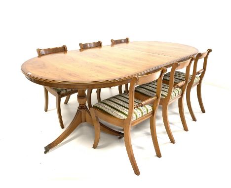 Bevan Funnell Reprodux yew wood Regency design twin pedestal dining table, cross banded top with 'D' ends and one additional 