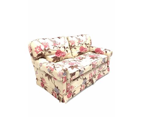 Wesley-Barrell two seat sofa upholstered in floral fabric with feather cushions, raised on castors W175cm, Hight to seat 53cm