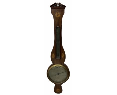 George III fan inlaid mahogany barometer and thermometer in banjo pattern case with silvered registers, inscribed 'J Ortelli 
