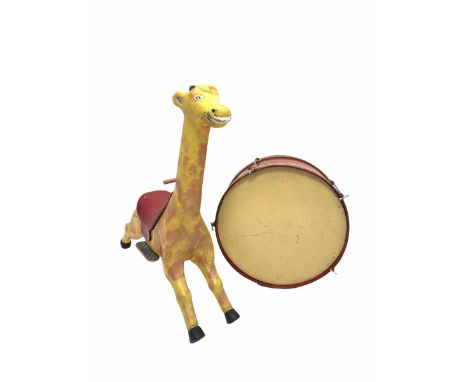 Composition ride on model of a giraffe, originally from a fair ground (H119cm) together with a early 20th century drum, beari