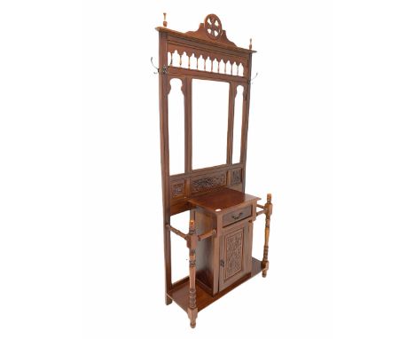 Edwardian style walnut hall stand, fitted with bevelled mirror, coat hooks, drawer and cupboard H210cm