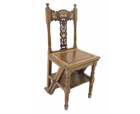 Chinese design hardwood metamorphic chair, carved and inlaid, folding to form a three rung step ladder W38cm