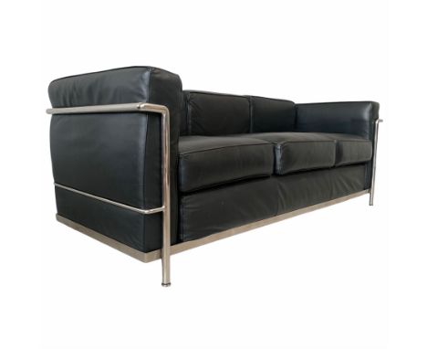 After Le Corbusier - 'LC2' design sofa, with black leather upholstered loose cushions and chrome frame 