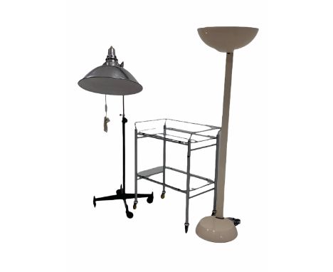 Tubular two tier hospital trolley with removable glass shelves, raised on castors (W78cm) together with an Industrial style p