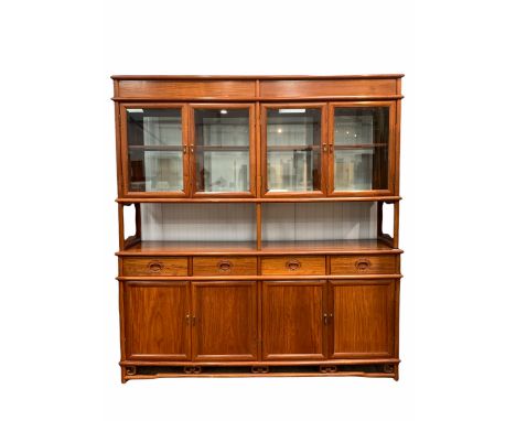 Chinese rosewood sideboard display cabinet, the top section fitted with four bevel glazed doors at each side, enclosing a she