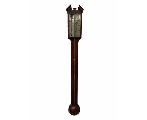 George III mahogany stick barometer and thermometer, the broken arch pediment over silvered dial with single vernier and expo