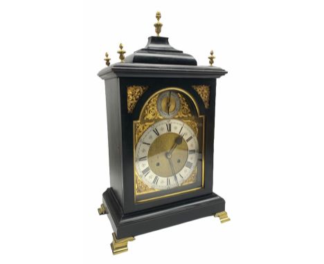 Early 20th century eight-day ebonised German bracket clock with a two train striking movement, striking the hours and quarter