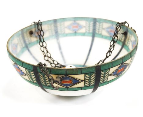A large marbled glass light pendant shade, enamelled with polychrome Art Deco motifs, 17cm high x 40cm wide