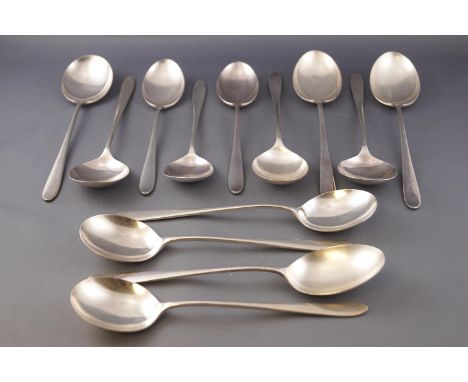 A contrived Art Deco' Old English' style silver flatware service, comprising eighteen forks, six knives, soup and dessert spo