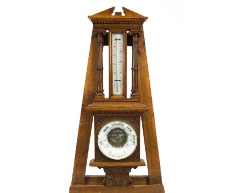 A Victorian oak cased barometer and thermometer, 92cm high