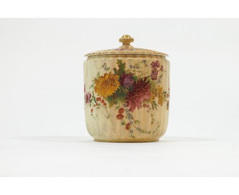 A Royal Worcester blush ivory biscuit barrel and cover, decorated with flower sprays, printed factory marks in green, 16.5cm 