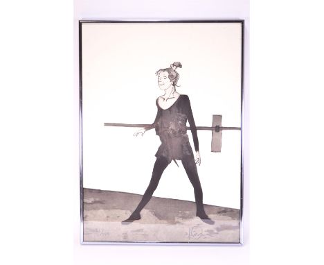 An impressed print of a dancer rehearsing at a barre (6/100), signed indistinctly in pencil lower right, 50cm x 36cm