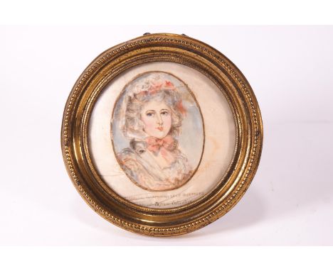 An oval portrait miniature on silk of Isabella Anne Seymour-Conway, Marchioness of Hertford 1759-1834, 7cm x 5.5cm, set  in a