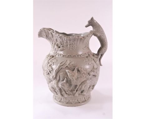 A Minton No 17 high relief hunting jug in drab green, decorated with scenes of foxes and hounds, with a moulded fox handle, 2